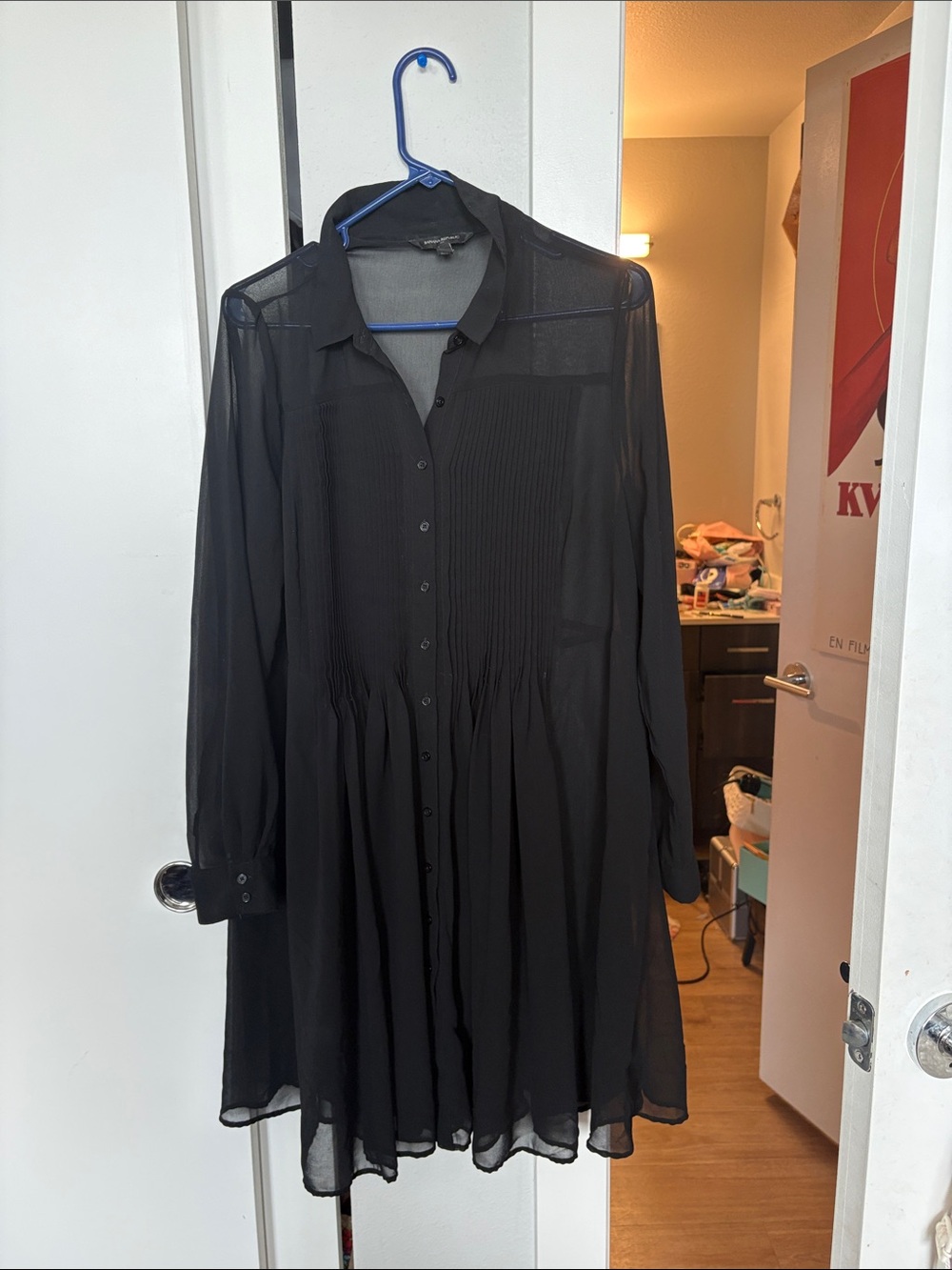 Banana Republic Black Sheer Long-Sleeve Button-Front Dress